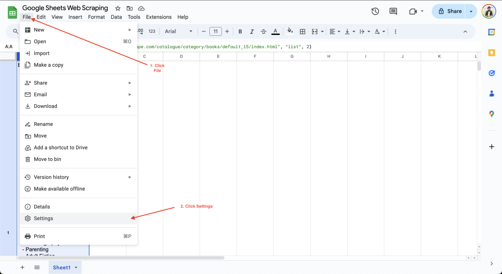 Open Google Sheets Settings