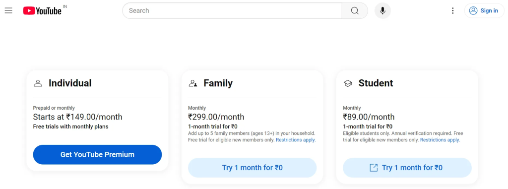 YouTube pricing in India 