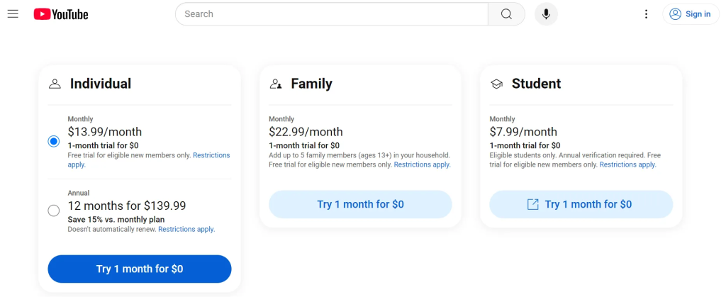 YouTube pricing in the US