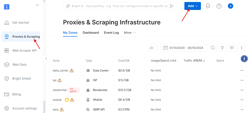 Bright Data's control panel - adding a new proxy zone