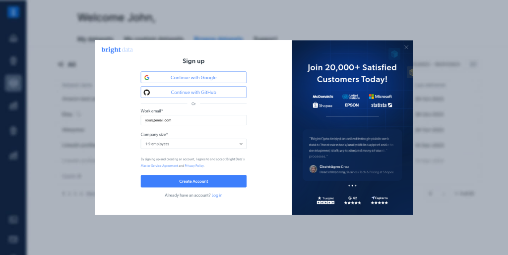 Bright Data sign-up form