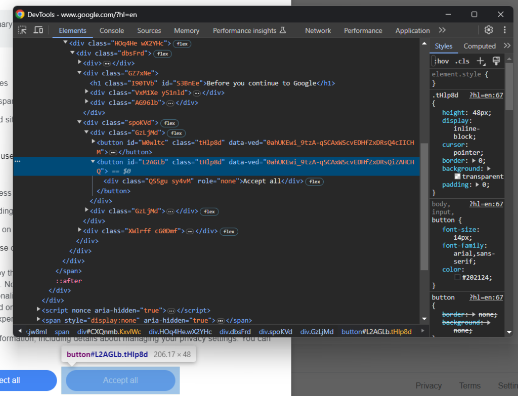 Inspecting the "Accept all" button