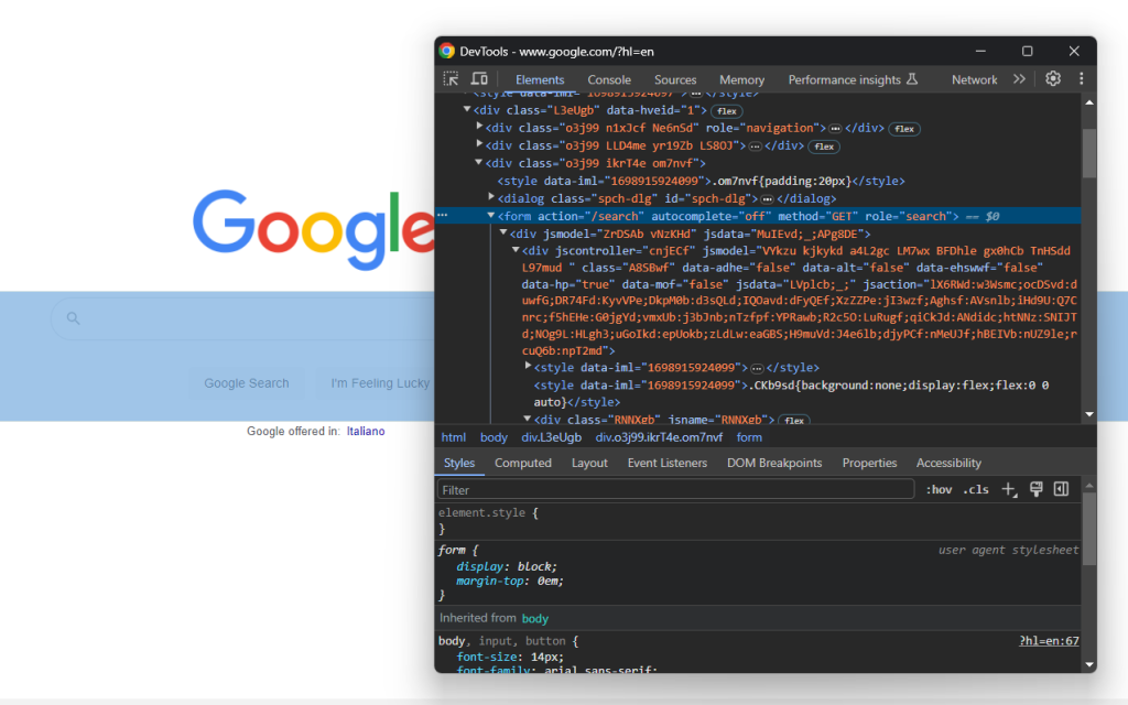 Inspecting the Google search form