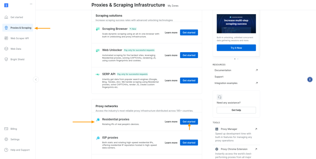 Bright Data Dashboard: **Proxies & Scraping** section