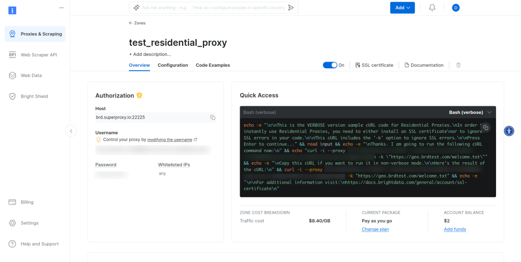 Bright Data proxy zone credentials