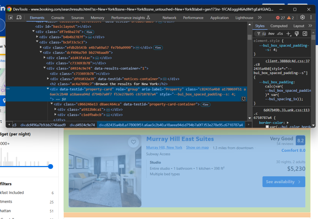 Open Booking.com in your browser, perform a search, and inspect one of the property items