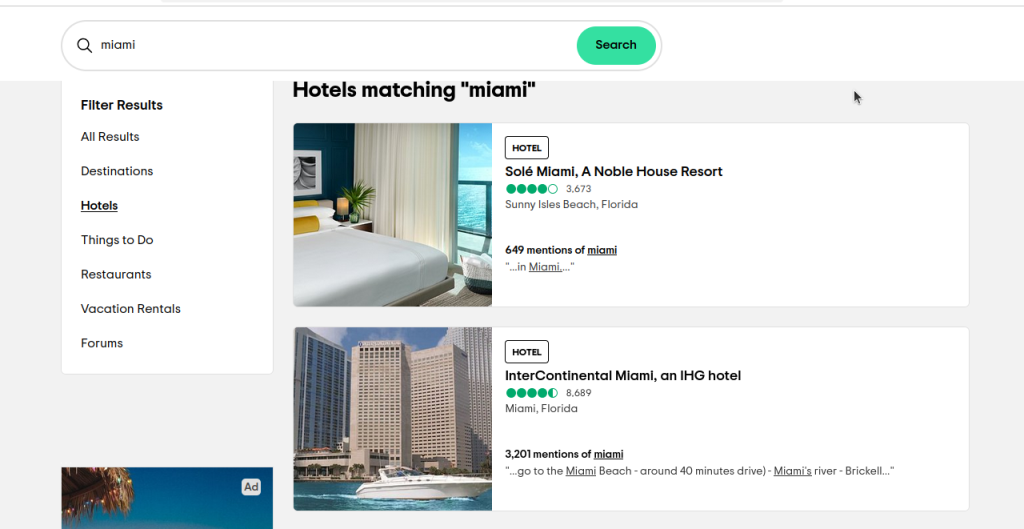 Hotel results on Tripadvisor