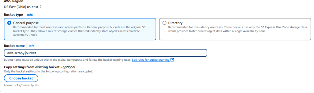 Naming the new S3 bucket and choosing your settings