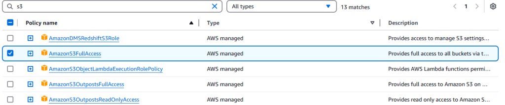 Selecting AmazonS3FullAccess
