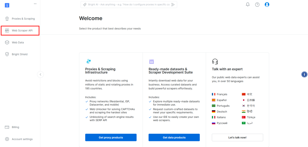 Choosing Web Scraper API from the menu on the left