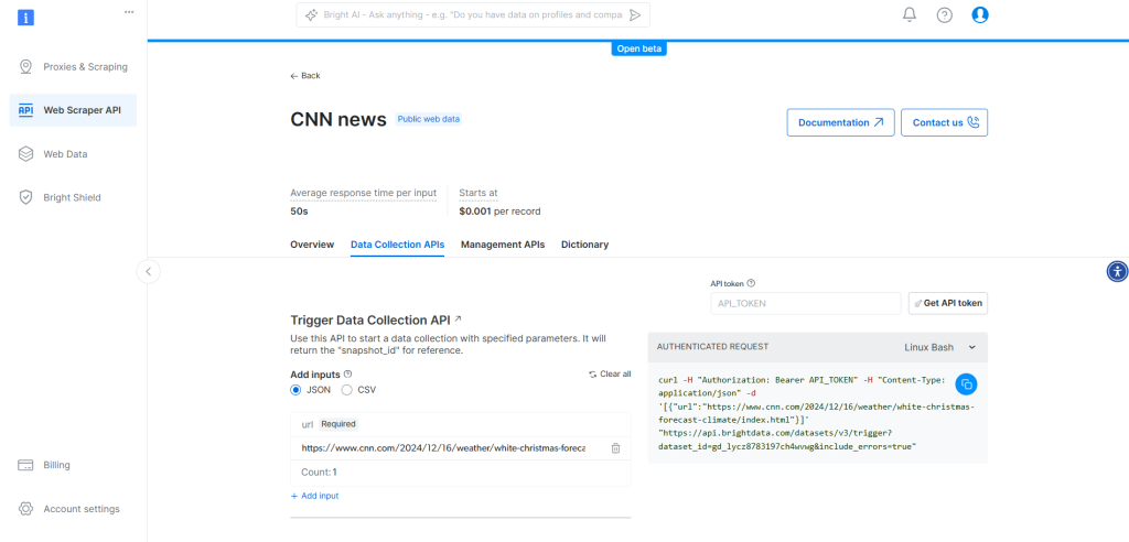 The CNN Scraper API page 