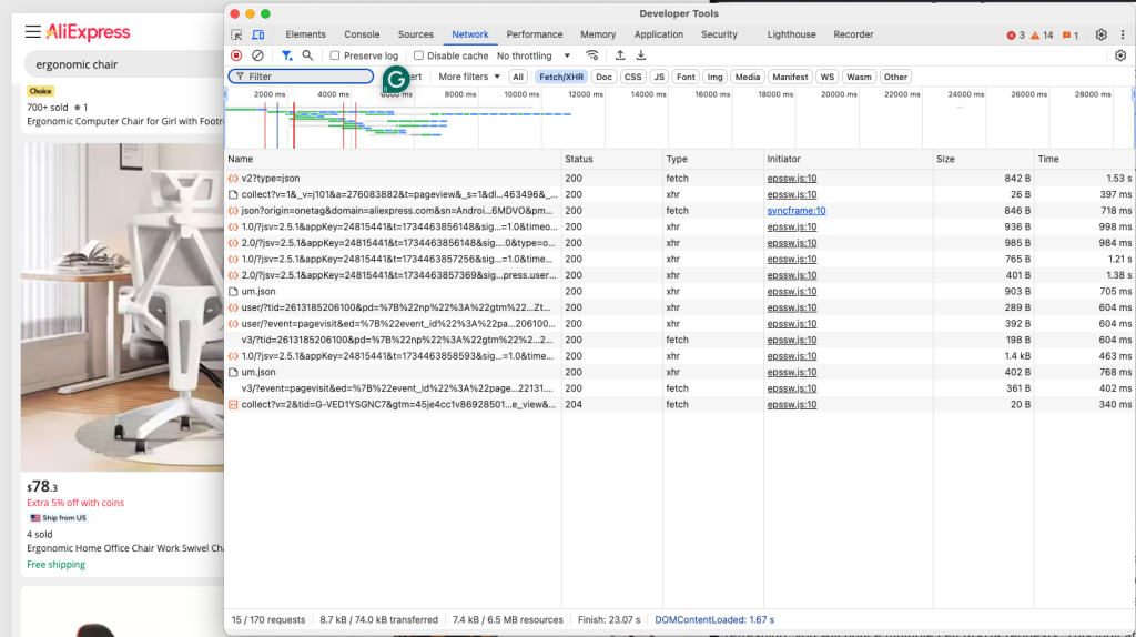 Inspecting the Fetch/XHR under the network tab