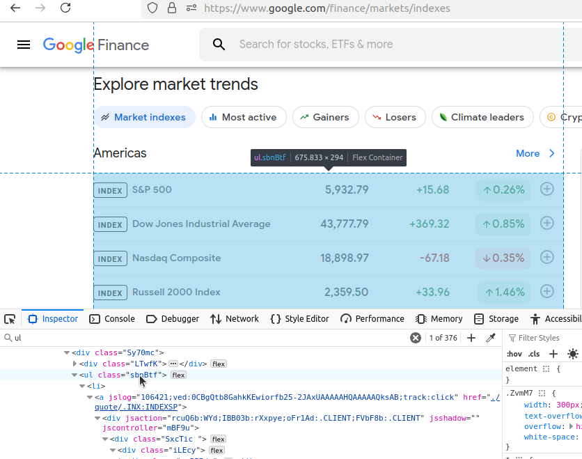 Inspecting the market indexes page