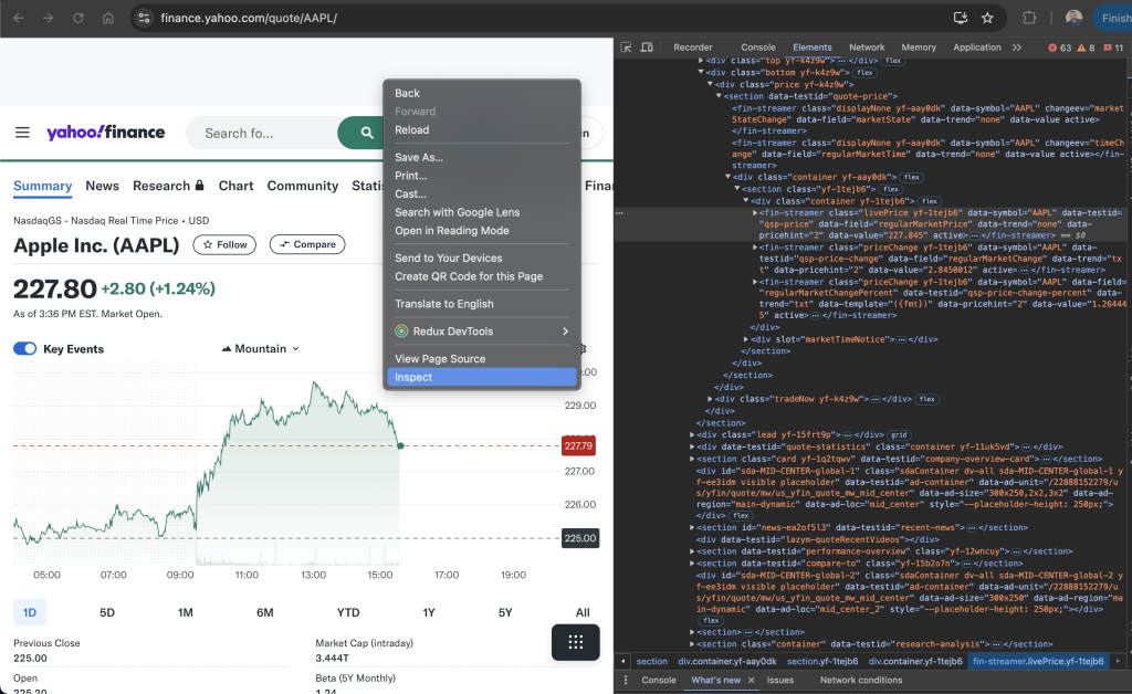 Inspizieren des Yahoo-Finance-Elements