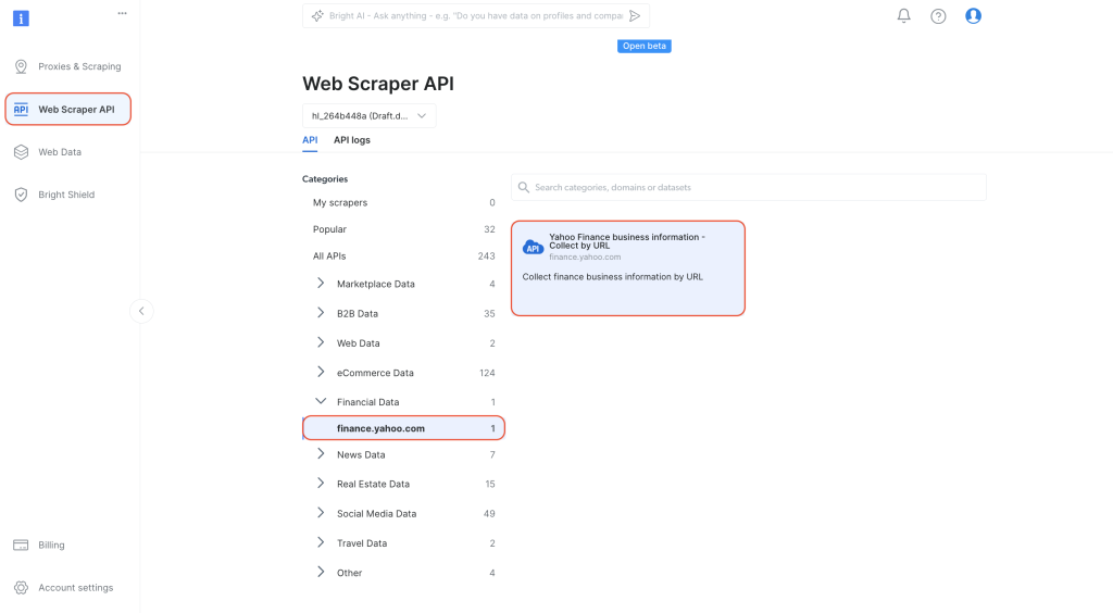 API para raspagem de dados na Web no painel de controle