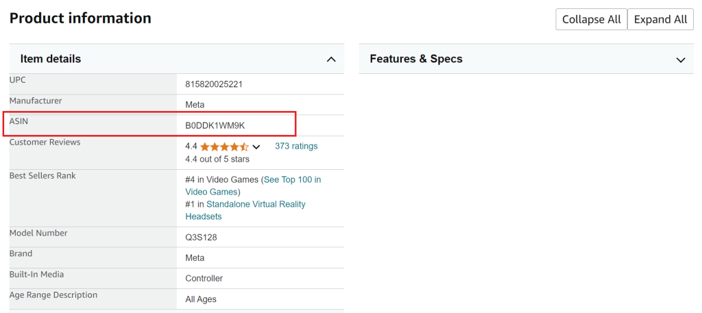 ASIN in the item details under product information