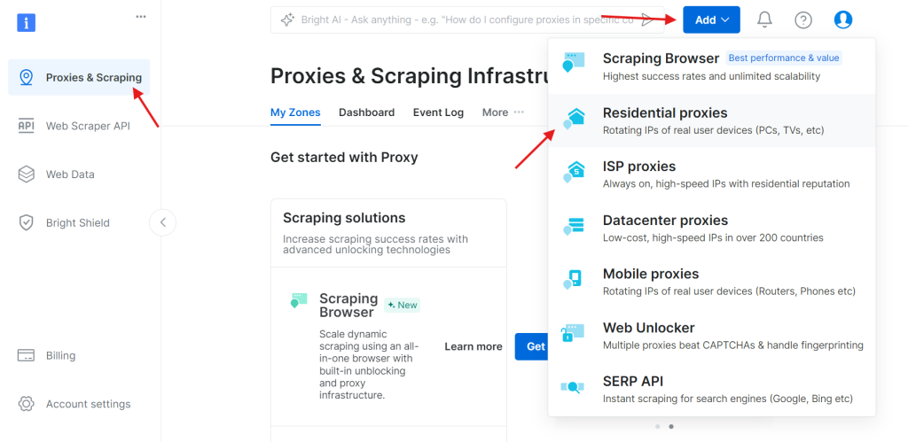 Adding a new residential proxies zone under the Proxies & Scraping Infrastructure screen