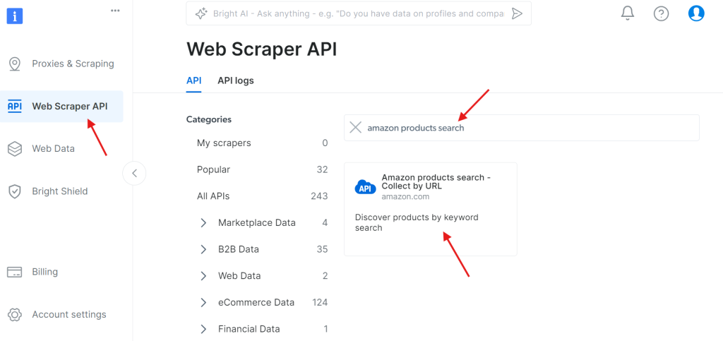 Finding the Amazon API under the Web Scraper API 