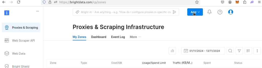 Click "add" at the Proxies and Scraping Infrastructure dashboard 