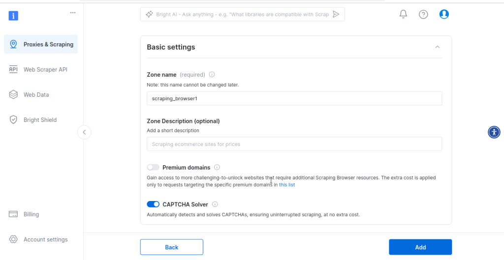 Basic settings of the Scraping Browser