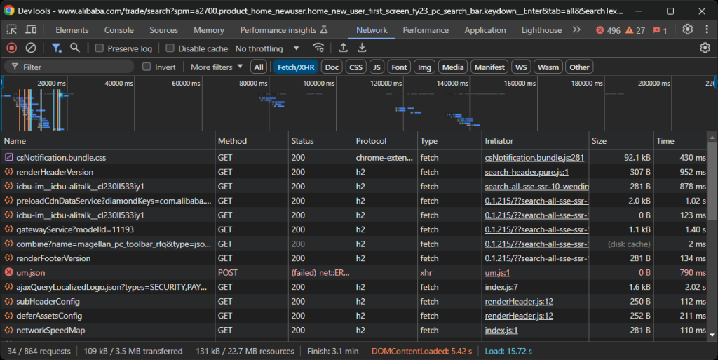 The network tab on the chrome devtools