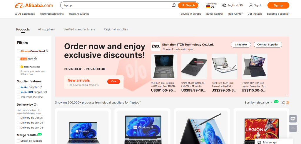 Laptop search results on Alibaba