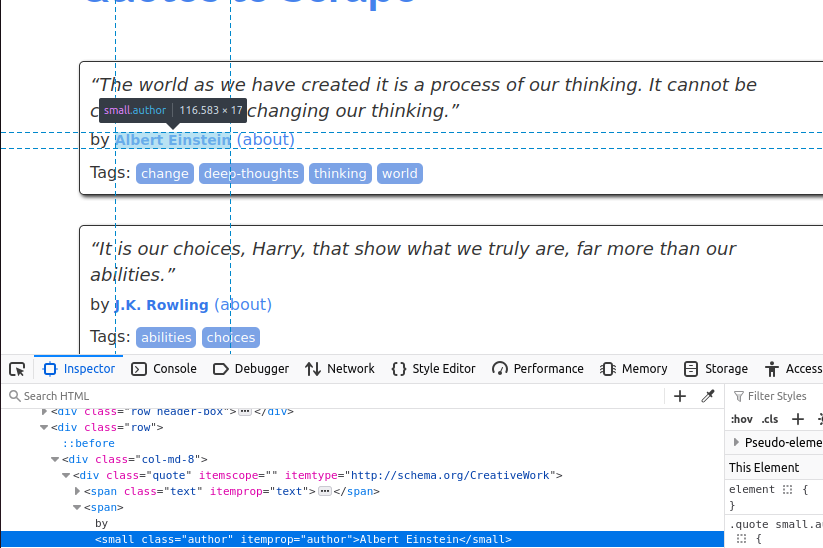 Inspecting the author on quotes to scrape