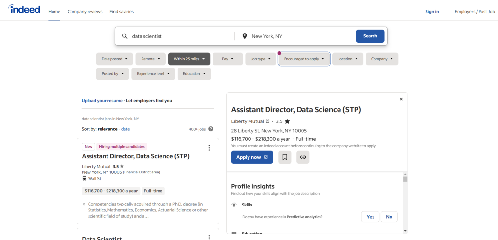 The data scientist job posting page on Indeed