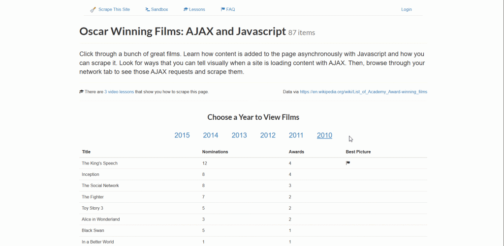 The target page. Note how pagination data is loaded dynamically