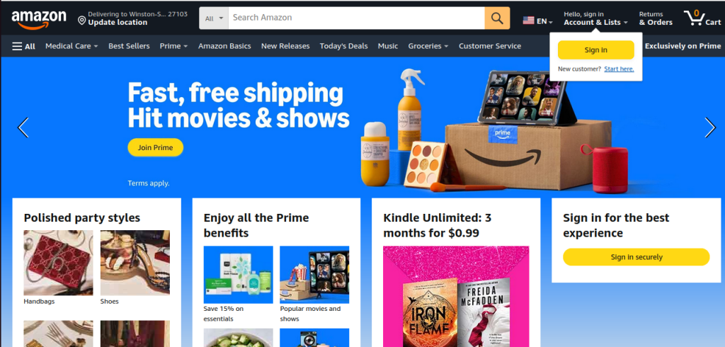 Screenshot of the Amazon homepage