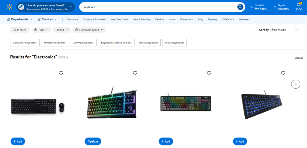 Walmart keyboard and electronics search results 