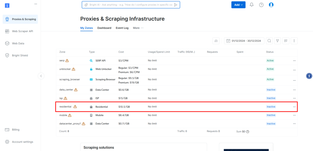 Bright Data's proxies and scraping infrastructure control panel