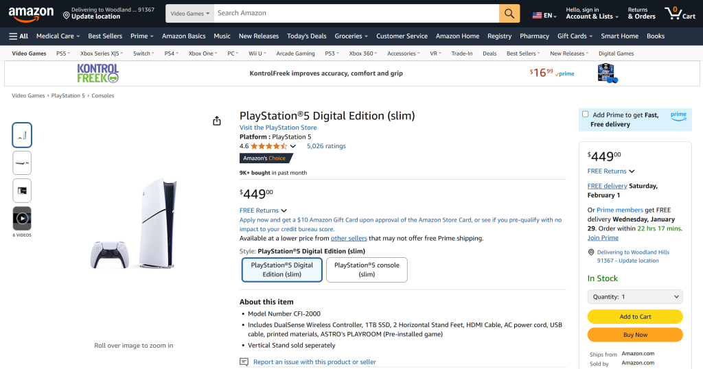 The PS5 Amazon product page